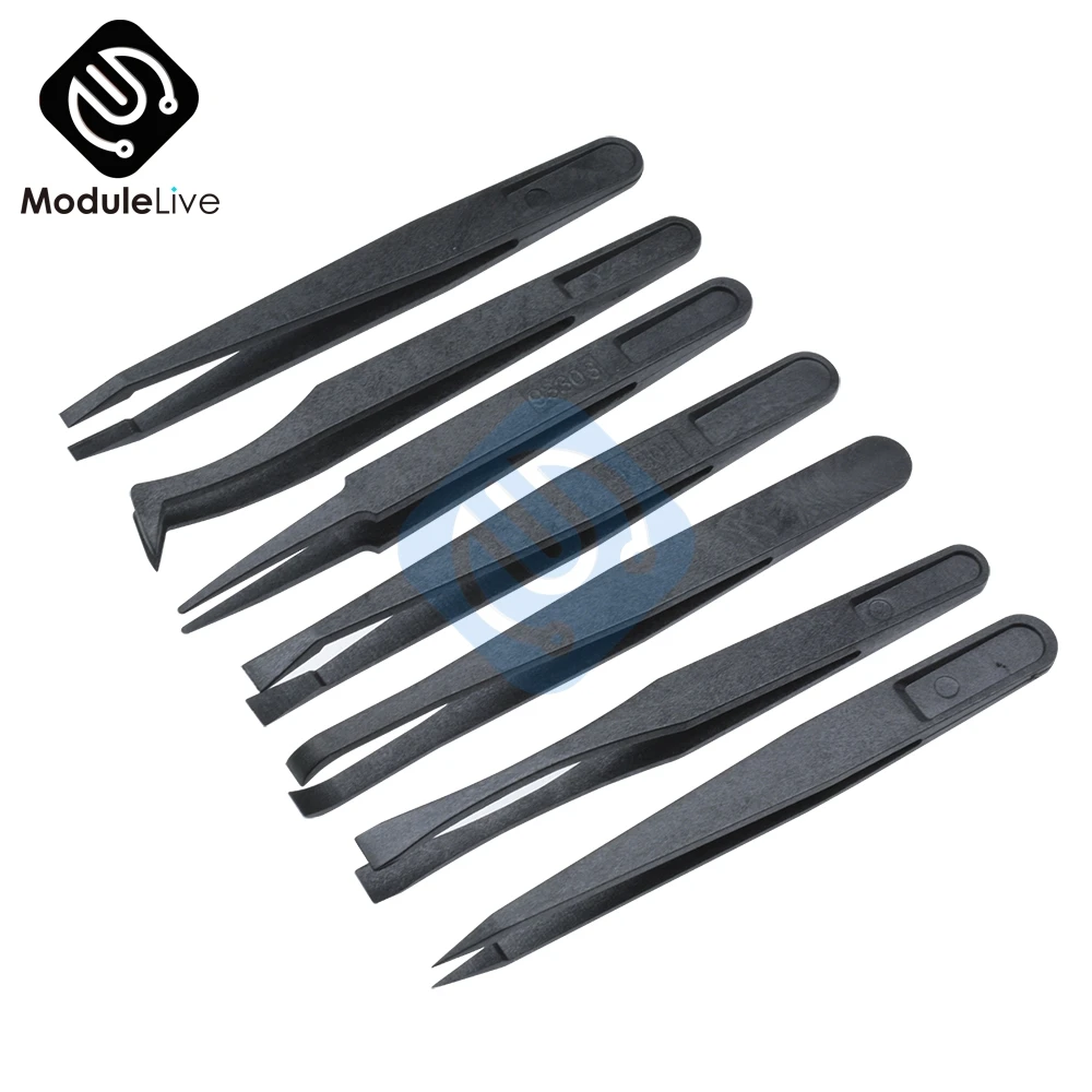 7pcs Anti-static Tweezer Tool Straight Bend Plastic Heat Resistant