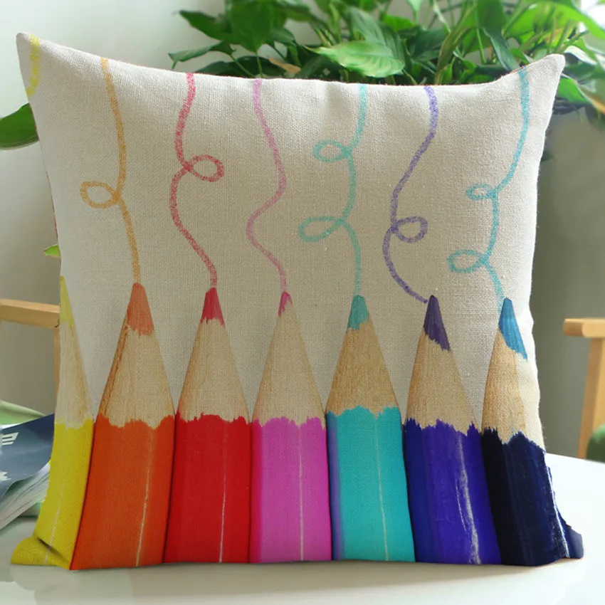 Colorful Pencils Geometric Cushion Cover Nordic Cartoon Style Cotton Linen Home Decorative Sofa Chair Throw Pillow Case cojines