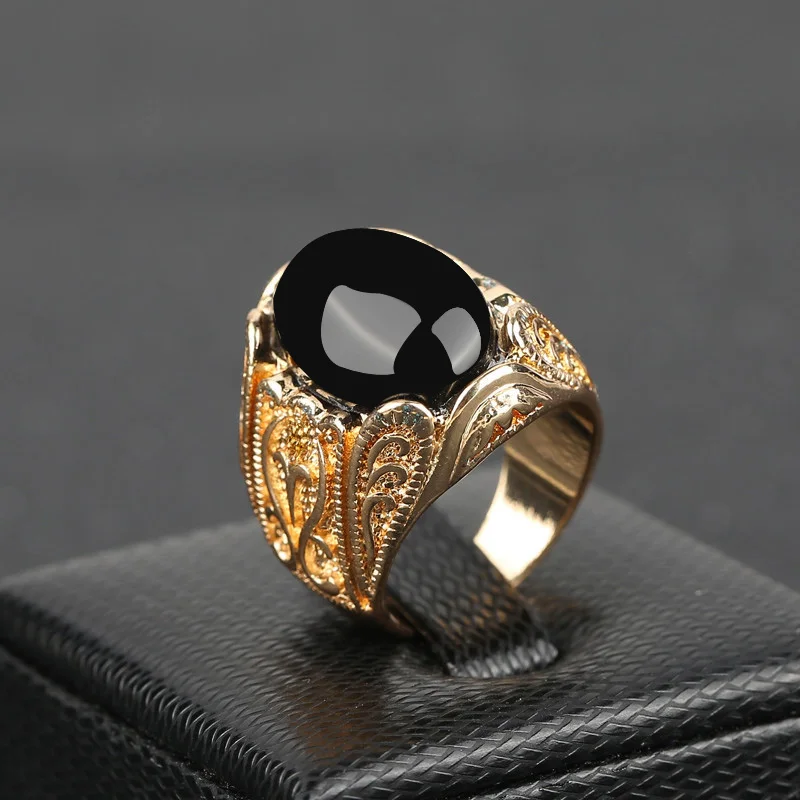 Luxury Dubai Gold Big Black Red Green Resin Stone Signet Ring Vintage Wedding Rings For Men Accessories Drop Shipping