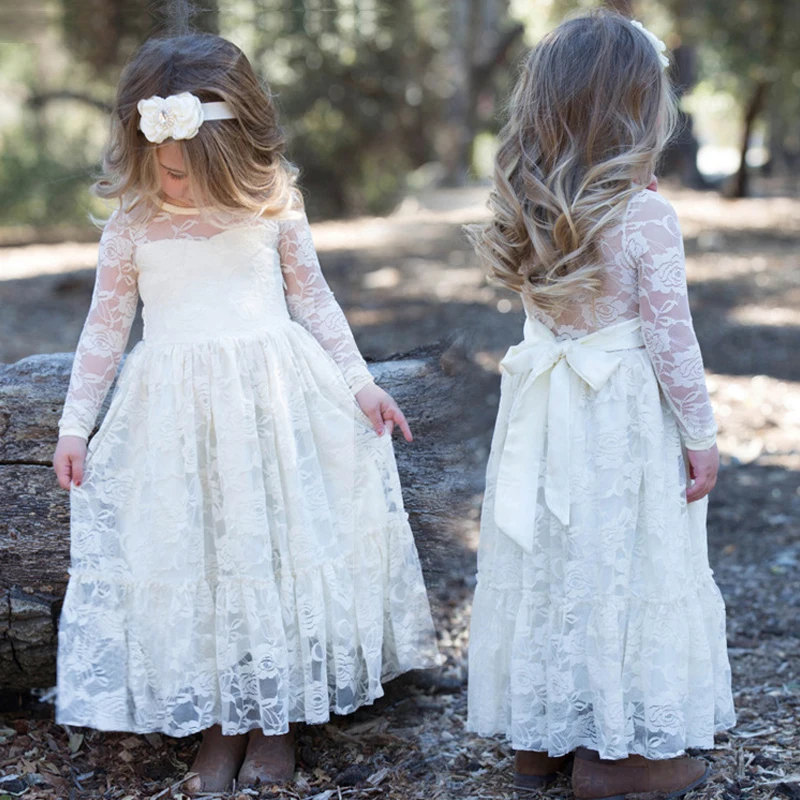 2-12 Year Flower Girl Dresses White Beige Long Sleeve Summer Dress Communion Toddler Kids Christening Wedding Bridesmaid Clothes