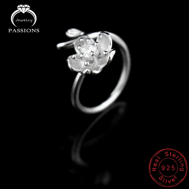 Heißer Verkauf Mode 925 Sterling Silber AAA Zirkon Blumen Ringe Offene Einstellbare Feine Sakura Strass CZ Ring Frauen Schmuck Geschenk