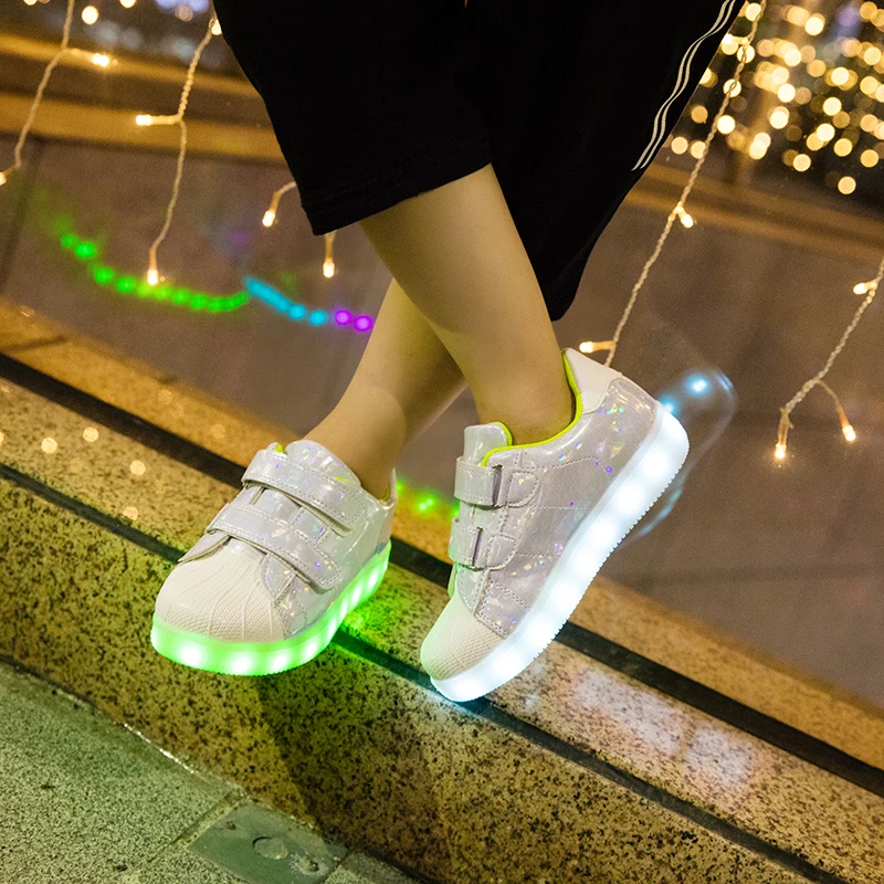 7ipupas Usb Charging kid Shoes shell pink Glowing Sneakers LED With Light Up Boys girls Shoes Basket Tenis Led Luminous Sneakers