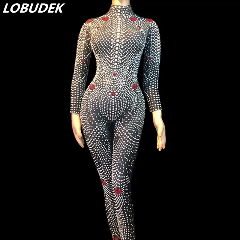 

Full Rhinestones Pearls Black Jumpsuit Fashion Women Birthday Celebration Crystals Rompers Bar Club Singer Dancer Stage Leotard