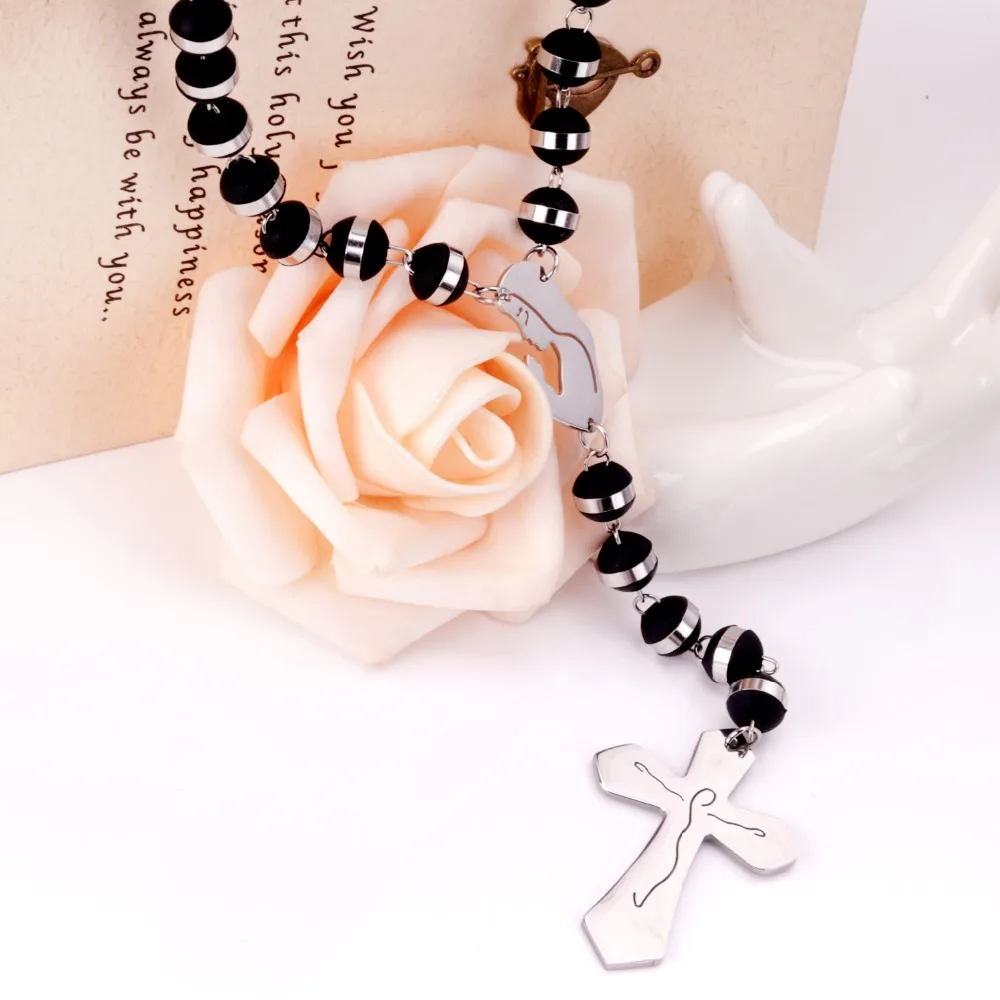 LUXUSTEEL Virgin Mary Cross Pendant Long Necklace For Women Men Stainless Steel Black Beads Silver Color Chain Rosary Jewelry