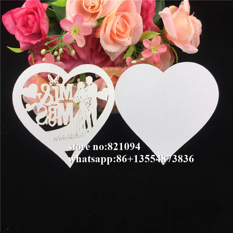 50Pcs laser cut Love heart Mr Mrs Seat Name RSVP table Cards Wedding Party Invitation wish Cards for party home Decoration