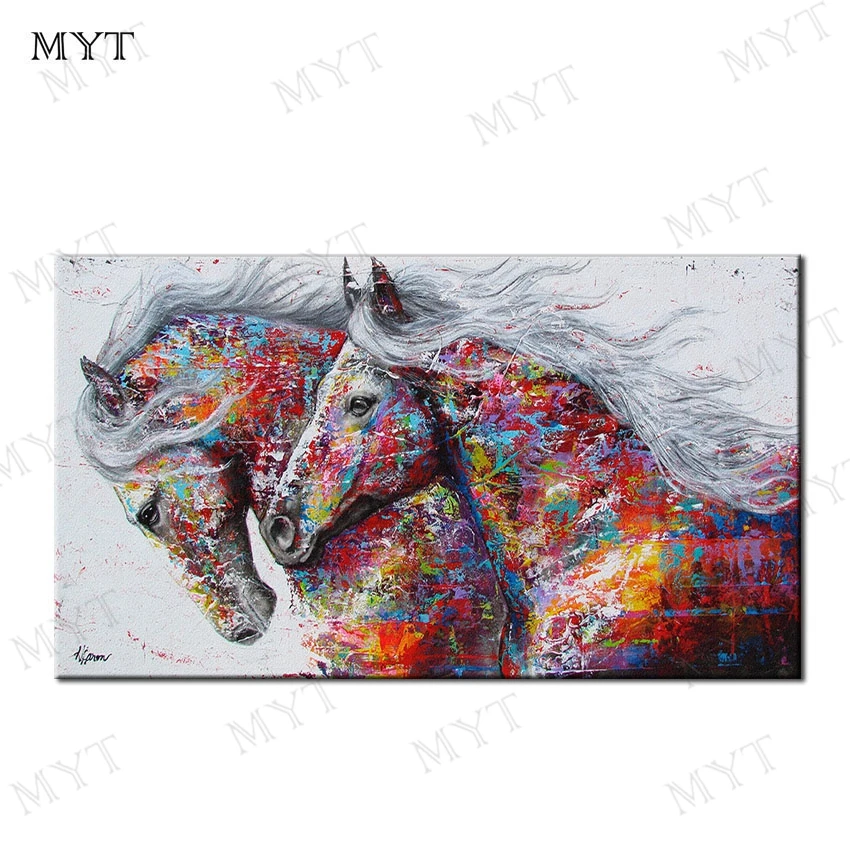 MYT Free Shipping Two Tall Horses Oil Painting On Canvas Abstract Running Horse Pictures Paintings Modern Decoration Unframe