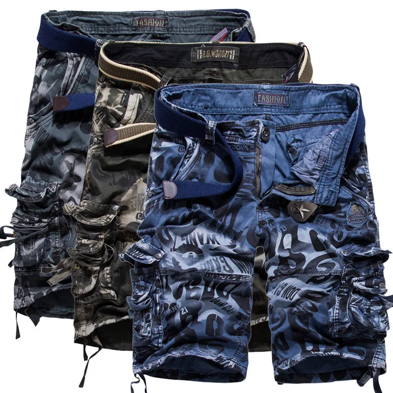 EL BARCO Summer Cotton Casual Shorts Men Camouflage Army Green Male Shorts Grey Blue Letter Print Cargo Trousers Pocket Size 40