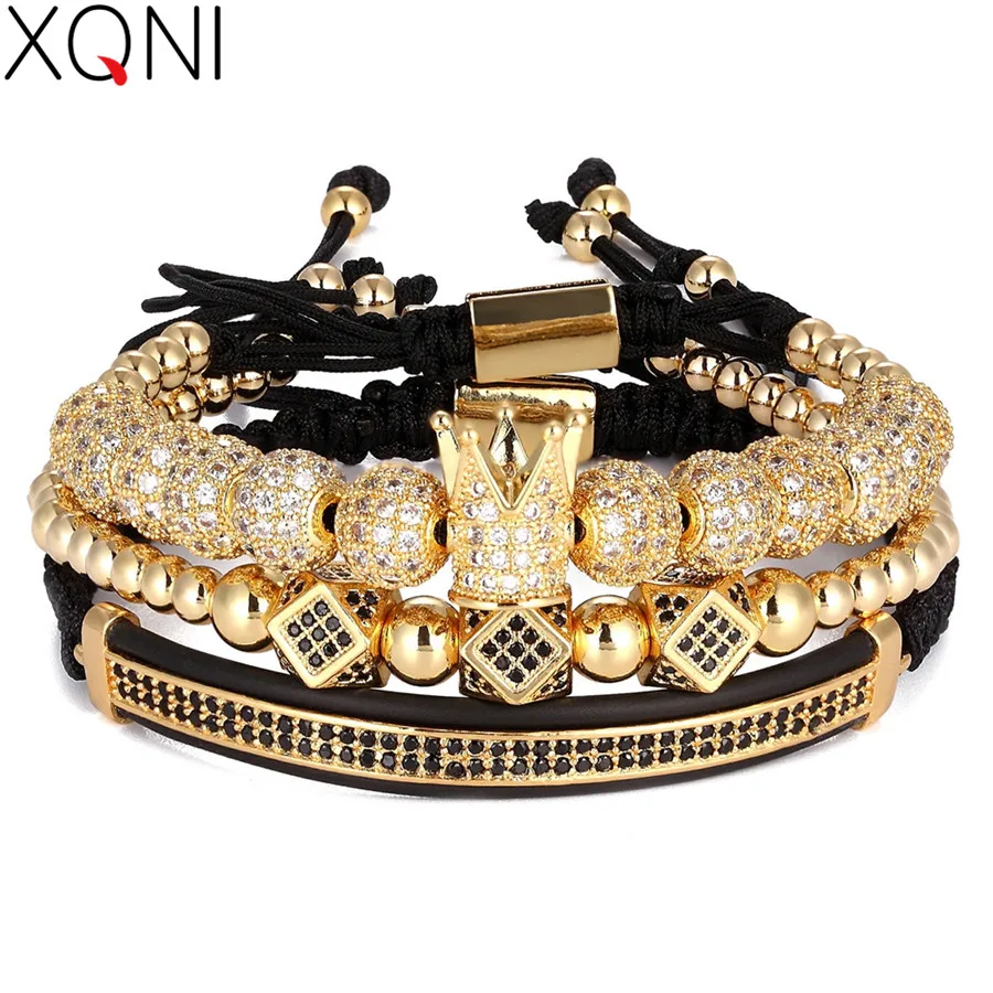 XQNI 3 pièces/ensemble Punk CZ Micro pavé couronne perle Bracelet pour hommes femmes tressé corde chaîne de luxe mode bijoux cadeau réduire 16-25 cm