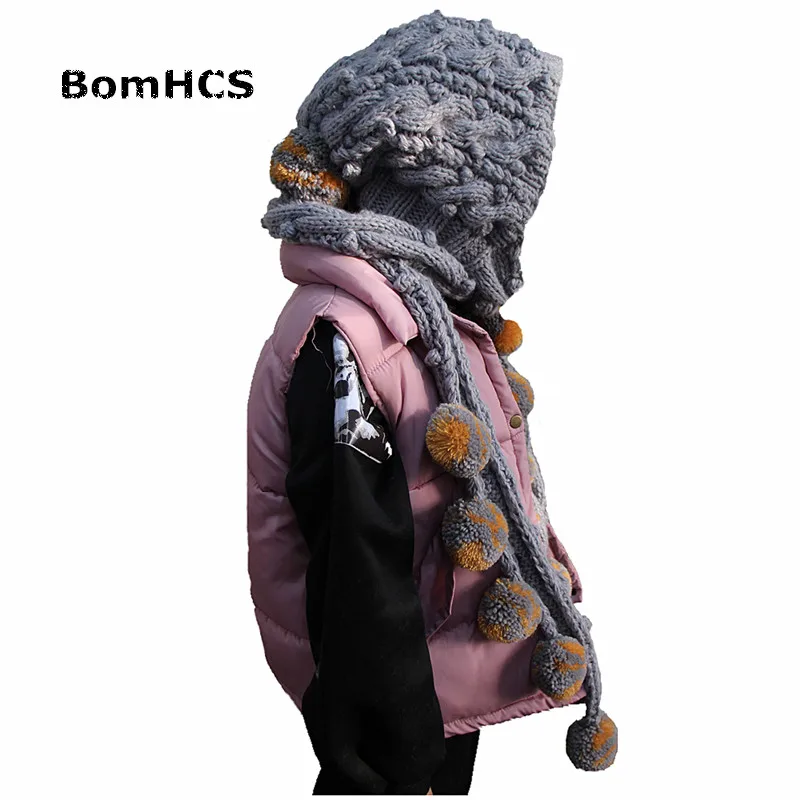 BomHCS Super Big Grey Scarf Hat & Gloves (2PCS SUIT) Cute Women Winter Warm Beanie 100% Handmade Knit Caps Mittens Gift