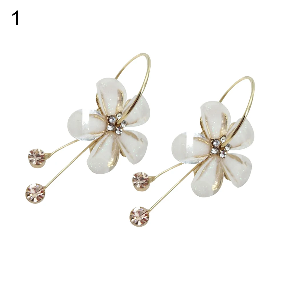 Sweet Korean Women Camellia Flower Long Tassel Rhinestone Party Leaverback Earrings Gift