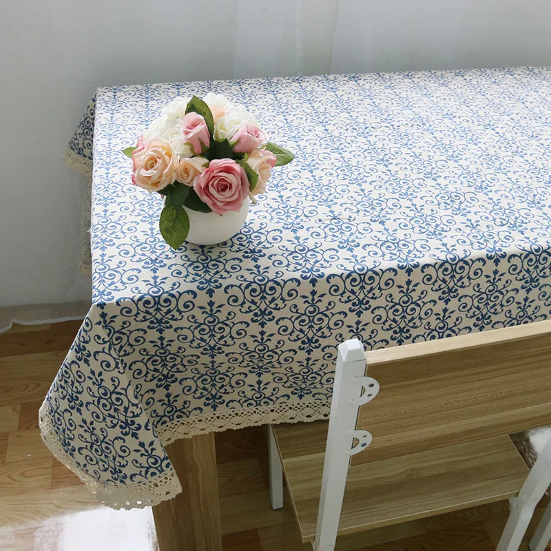 Retro Linen Cotton Tablecloth  Washable Coffee Dinner Blue and White Porcelain Table Cloth for Christmas Wedding Banquet