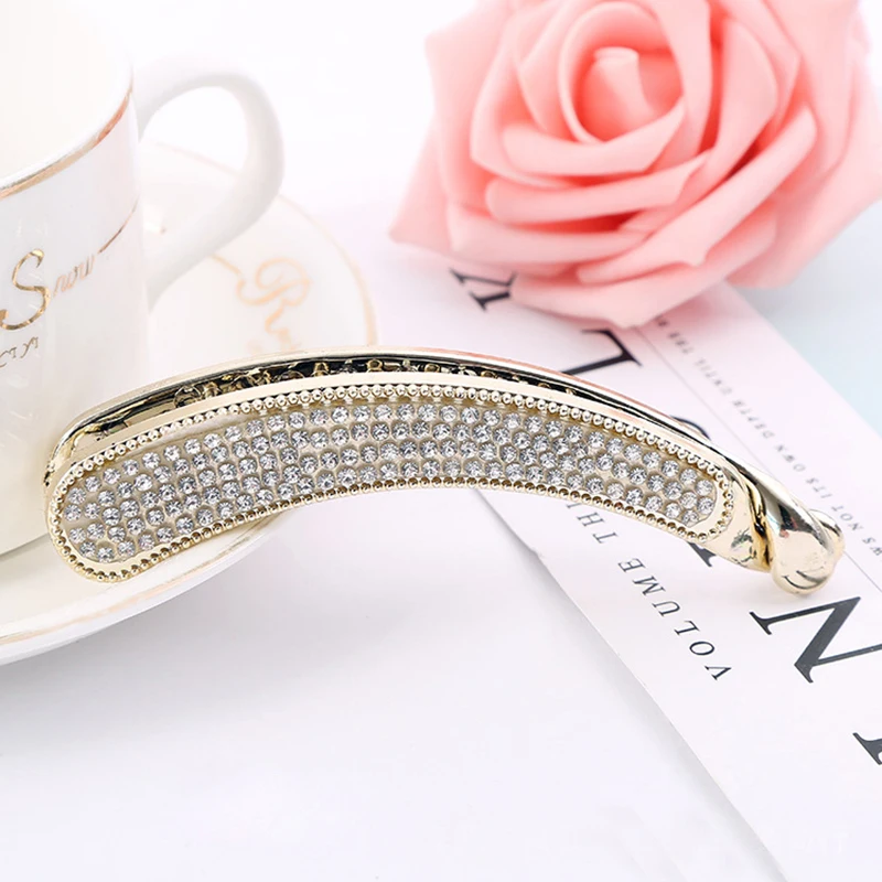 Gold Color Hair Barrettes for Women Accessories Rhinestone Long Banana Hairpins Hairclip Hair Claw Clip Femme Jewelry Gifts