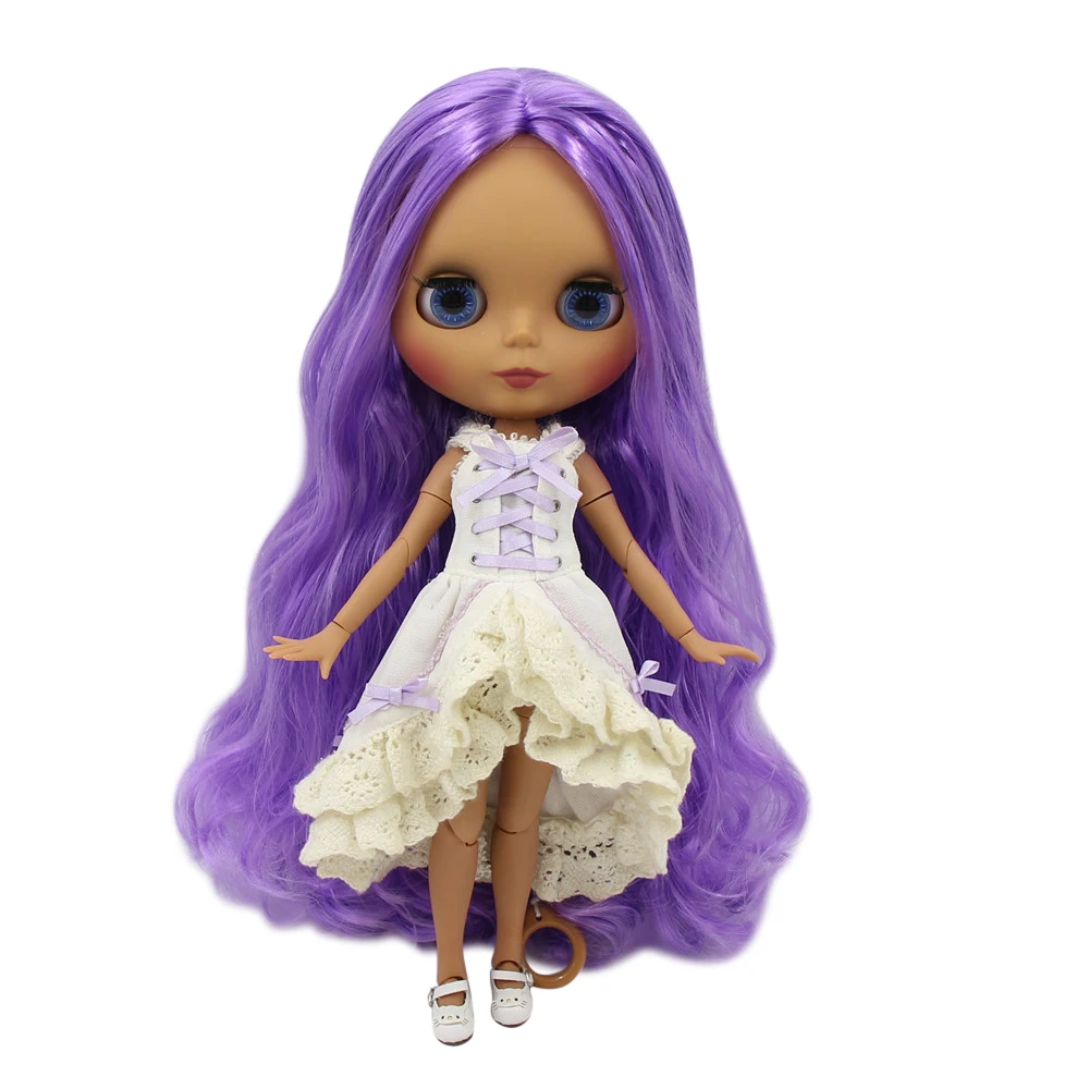 

ICY DBS Blyth doll nude joint body 1/6 bjd with black skin and matte fance long purple curly hair BL7216