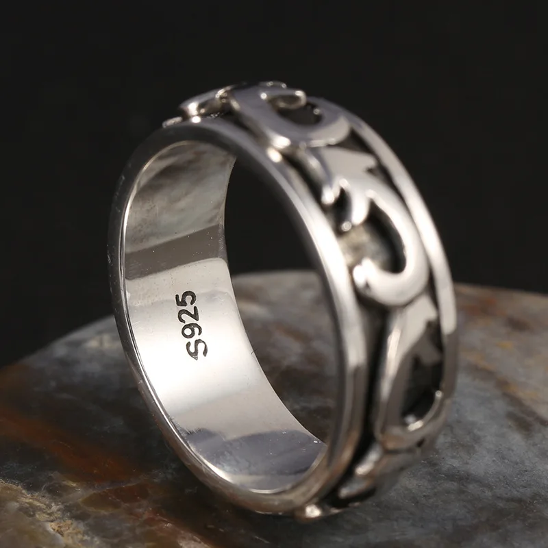 100%S925 Sterling Silver Jewelry Men's Individuality Turning Ring Thai Silver Retro Rotating Ring Free Shipping