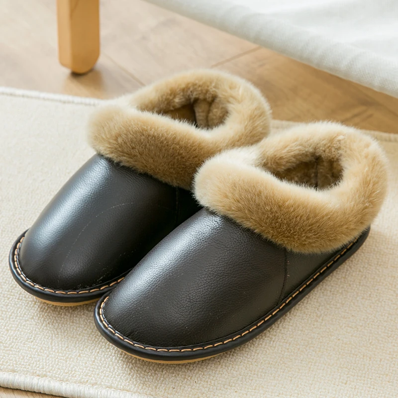 Mntrerm 2020 Winter Plush Warm Home Leather Slippers Non-Slip Thick Warm House Shoes Cotton Men Slippers Plus Size Indoor Shoes