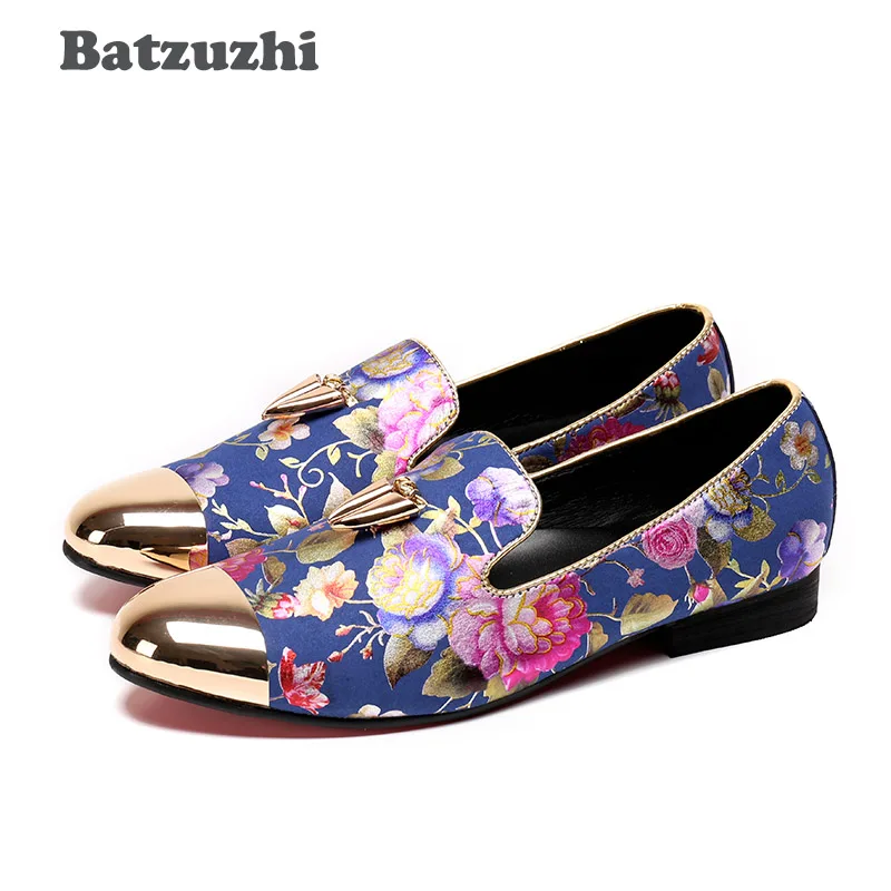 

Batzuzhi New Handmade Men Shoes Golden Metal Tassel Flowers Pattern Leather Casual Shoes Men Wedding and Party Loafers Men Flats