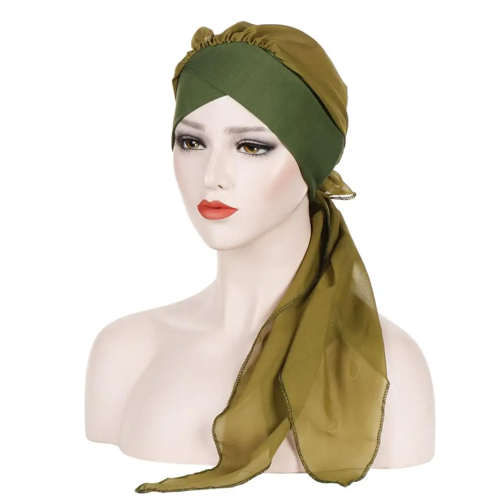 

Pre-Tied Women Muslim Hijab Chiffon Bonnet Strech Turban Cancer Chemo Cap Hair Loss Femme Long Tail Hat Headwear Wrap Headscarf