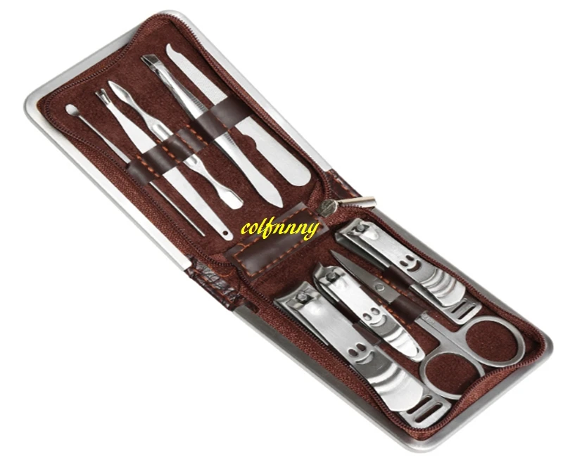 240sets/lot 9pcs Nail Clipper Kit Pedicure Scissor Cutter Tweezer Earpick Utility Manicure Tools With leather zipper case