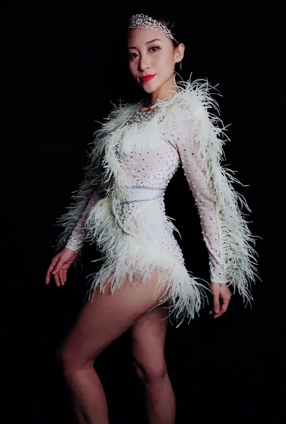 Crystal Pearl Feather Bodysuit Women Singer Party Show Bar Rhinestones Leotard Dance Costume Nightclub Performance Stage Wear