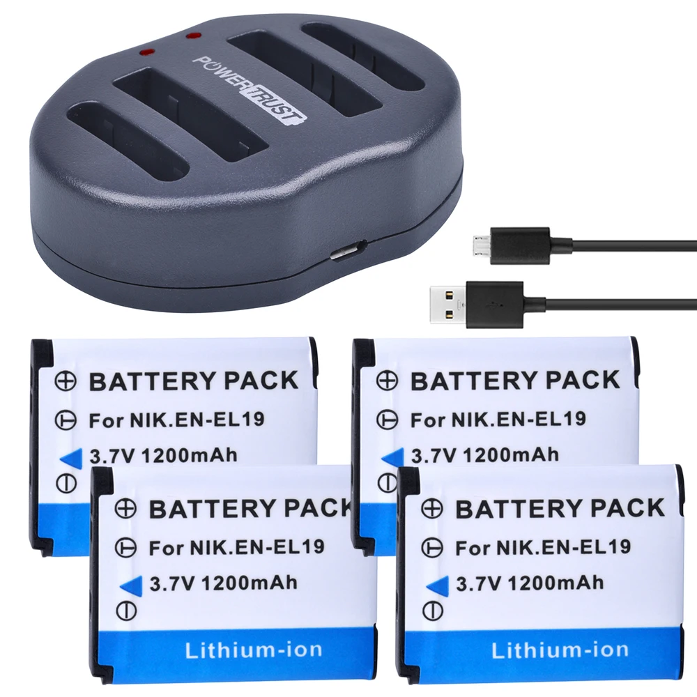 

4Pcs 1200mAh EN-EL19 EN EL19 Battery + Dual USB Charger for Nikon S100 S2500 S2600 S3100 S6400 S4100 S4150 S3300 S4300 Camera