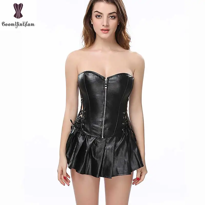 Corset Dress Suit Women Faux Leather Corsets Plus Size 6XL Synthetic Leather Korset Gothic Boned Bustier Front Zipper Corselet