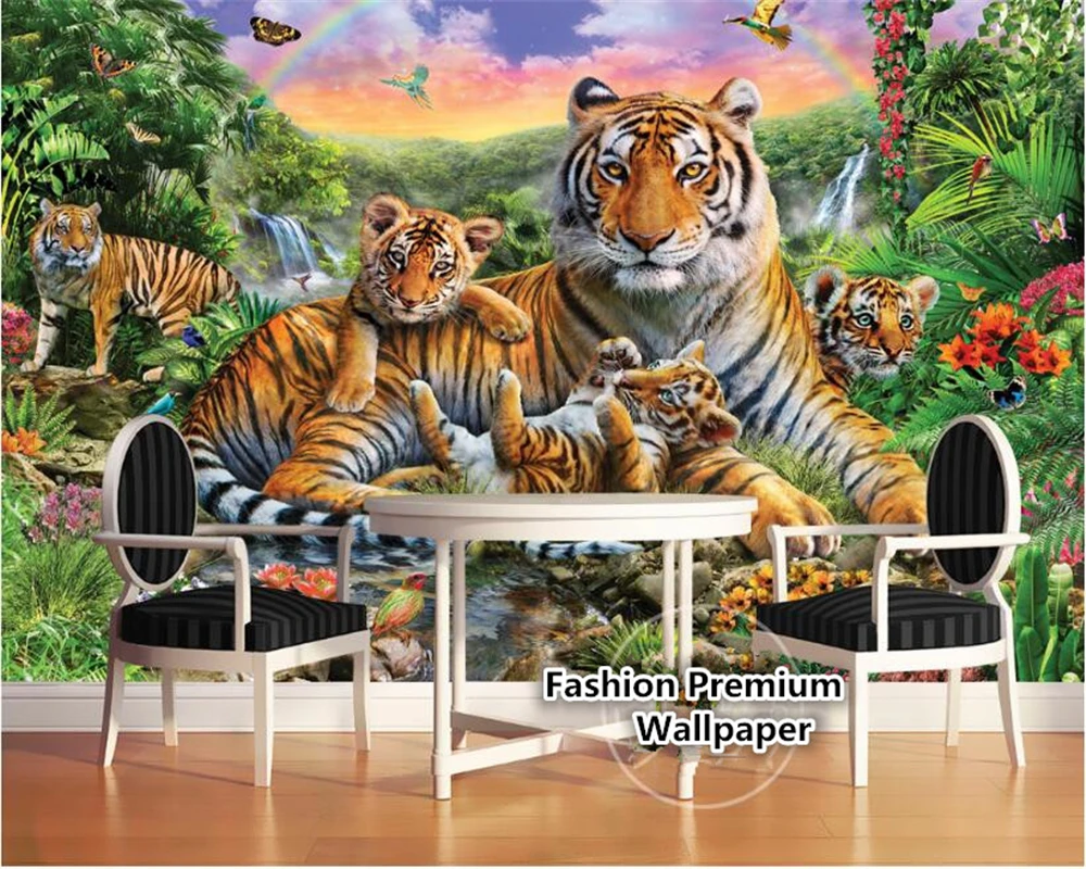 

beibehang Custom silk cloth wall paper tropical rain forest animals tiger plants forest waterfall butterfly murals 3d wallpaper