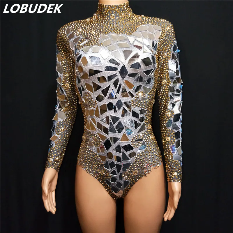 

Sparkly Gold Rhinestones Mirror Bodysuit Sexy Nightclub Bar Dance Leotard Performance Stage Wear Women Crystals Tights Costume
