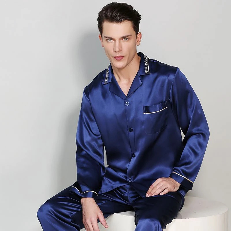 Man\'s Spring Autumn Long-Sleeved Genuine Silk Pajamas Two-Piece Sets 100% Silkworm Silk Sleepwear Male Casual Home Clothes T9010