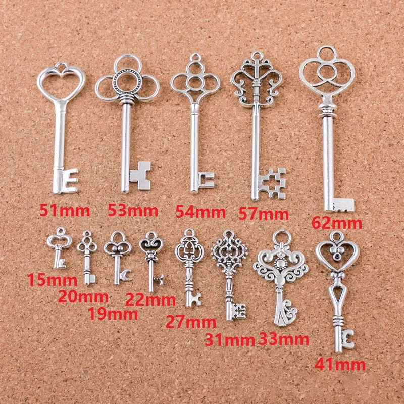 13 pcs Vintage Charms Mixed Keys Pendant Antique Silver Color key charms Fit Bracelets Necklace DIY Metal Jewelry Making