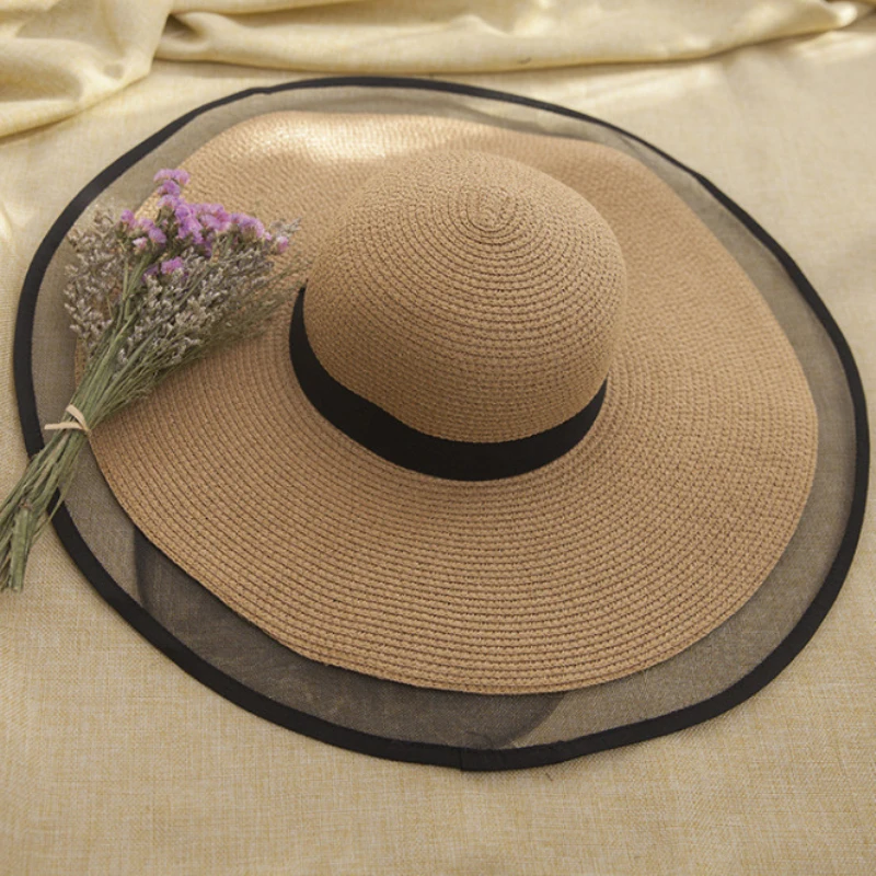 HT2504-Sombrero de ala ancha anti-UV para mujer, sombreros de paja lisos y flexibles para verano, playa con sombrero de ala de malla femenina
