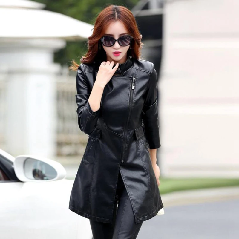 5XL Leather Coat Jacket Women Fashion Slim Patchwork Long Female Jacket High Quality PU Motorcycle 2024 Autumn Winter Outerwear