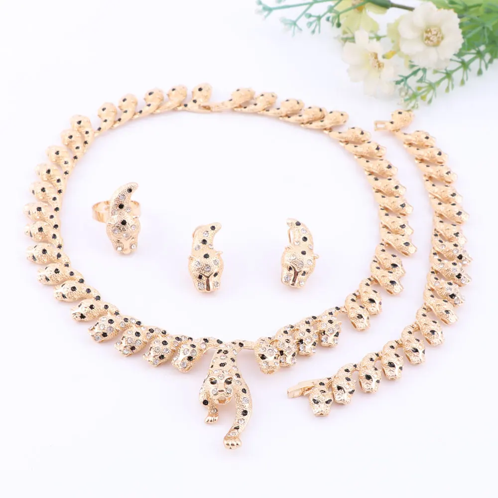 Handmade Dubai Gold Color Colorful Crystal Leopard Jewelry Sets Fashion Nigerian Wedding African Costume Dubai Jewelry Sets