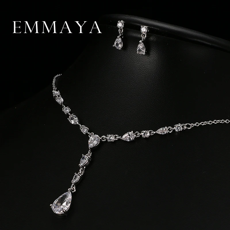 Emmaya Trendy White Water Drop Cubic Zirconia Wedding Jewelry Sets Luxury Statement Necklace Earrings Set Dress Accessories