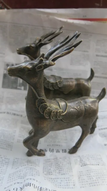 

Rare Old Qing Dynasty copper a pair of deer, toting money, statue /sculpture, best collection&adornment,free shipping