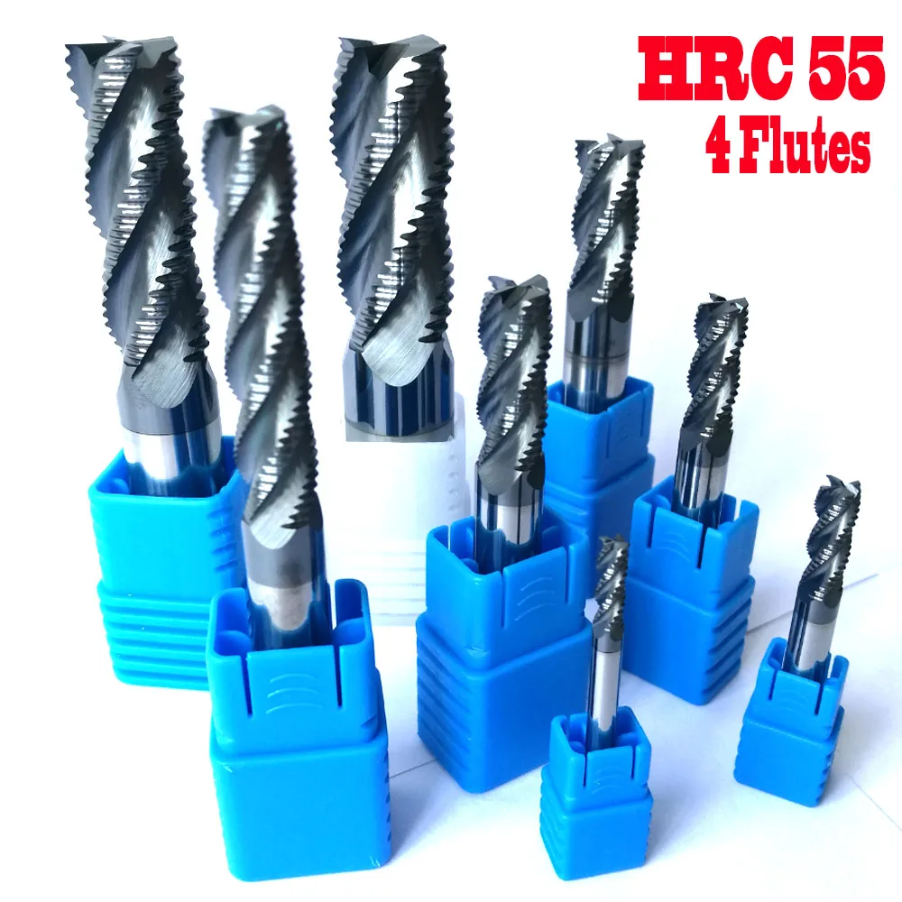 Fresas de desbaste de 4 flautas, herramientas rugosas CNC, brocas de enrutador de carburo, 4mm, 6, 8, 10, 12, 14, 16, 18, 20mm, HRC55