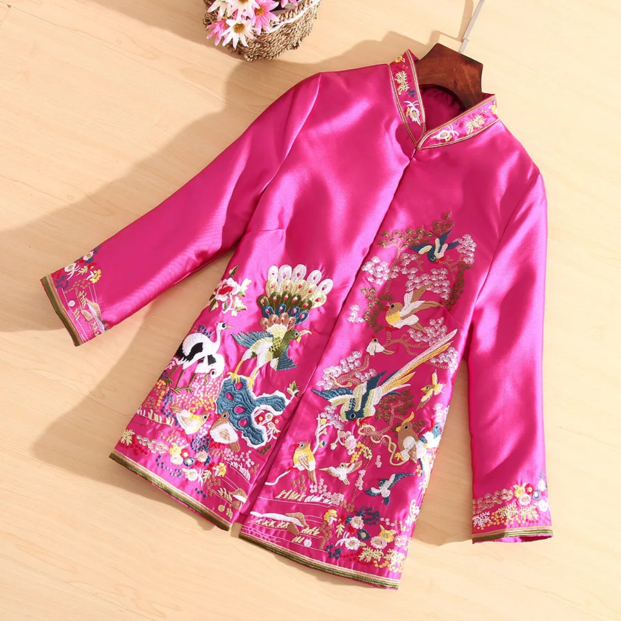 Women tops autumn royal embroidery vintage floral coat mandarin collar 3/4 sleeve plus size lady casual jacket female S-4XL