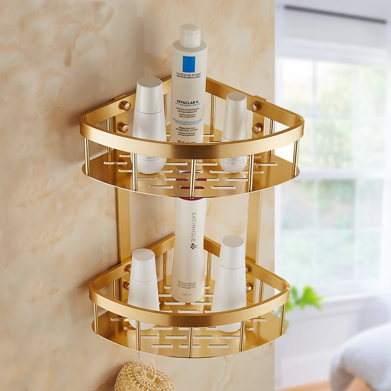 1/2 tier bathroom triangle shelf gold plated, Retro wall toilet/kitchen shelf, Space Aluminum layer corner bathroom shelves rack