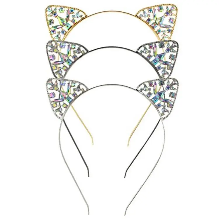 Cat Ears Crown Tiara Headband for Women Hair Rhinestone Princess Hollow Hairband Cat\'s ears Bezel Hair Accessories