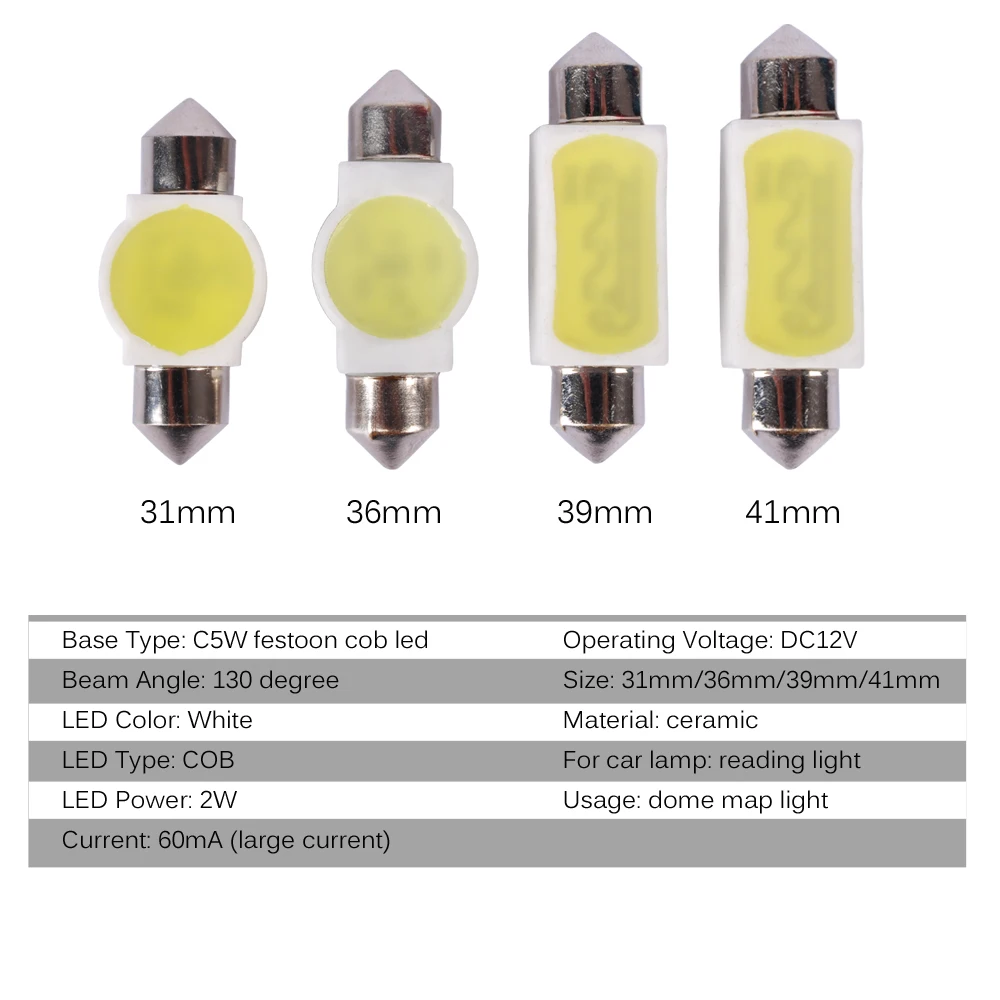 AutoEC 4x 31/36/39/41mm C5W 5W High Power COB LED SMD Car Ceramic Festoon Dome Interior Reading Light Lamp Bulb lights #LK145