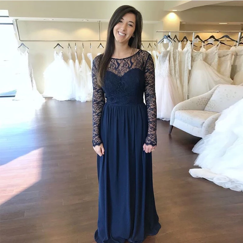 

Simple Navy Blue Evening Dresses Long Sleeves Long Chiffon Formal Evening Party Dresses Illusion Lace vestido de noite 2019