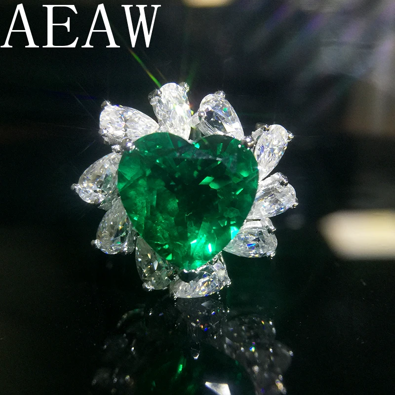 

AEAW 5ct AAA Lab Created Colombian Emerald Heart Emgagement Ring Real Solid 14k White Gold with Pear Moissanite for Women