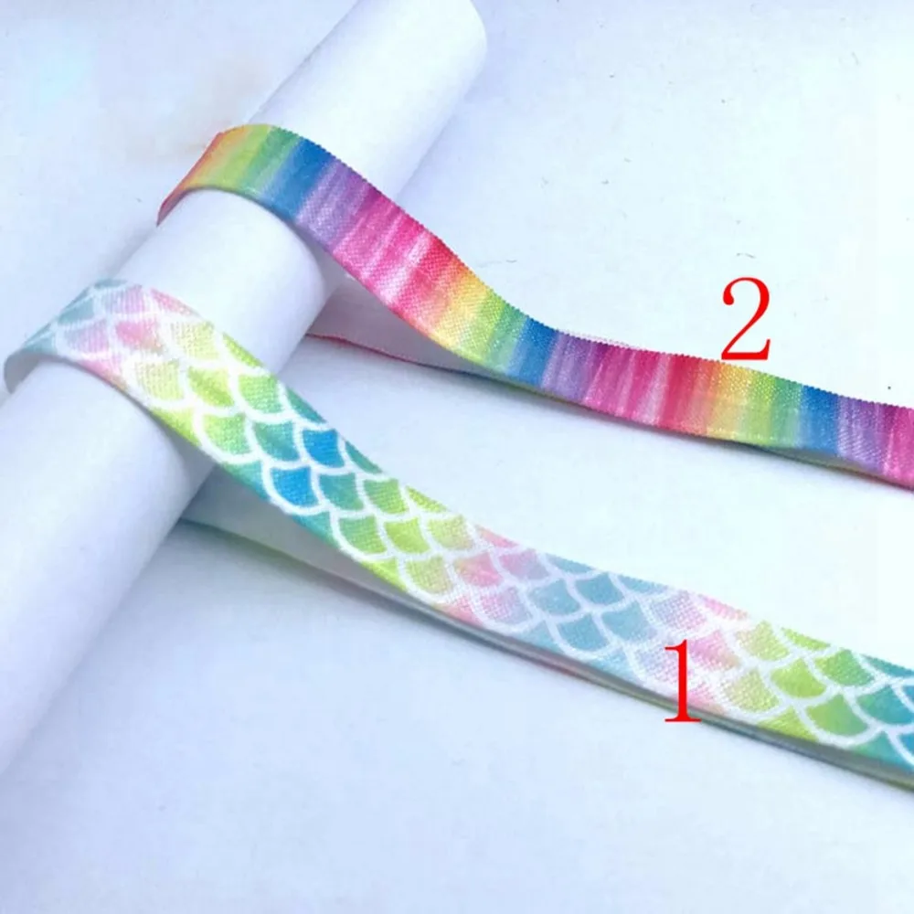 

100yards/lot 5/8" heat transfer mermaid scale rainbow printed foe fold over elastic for hair ties accessories wholesale