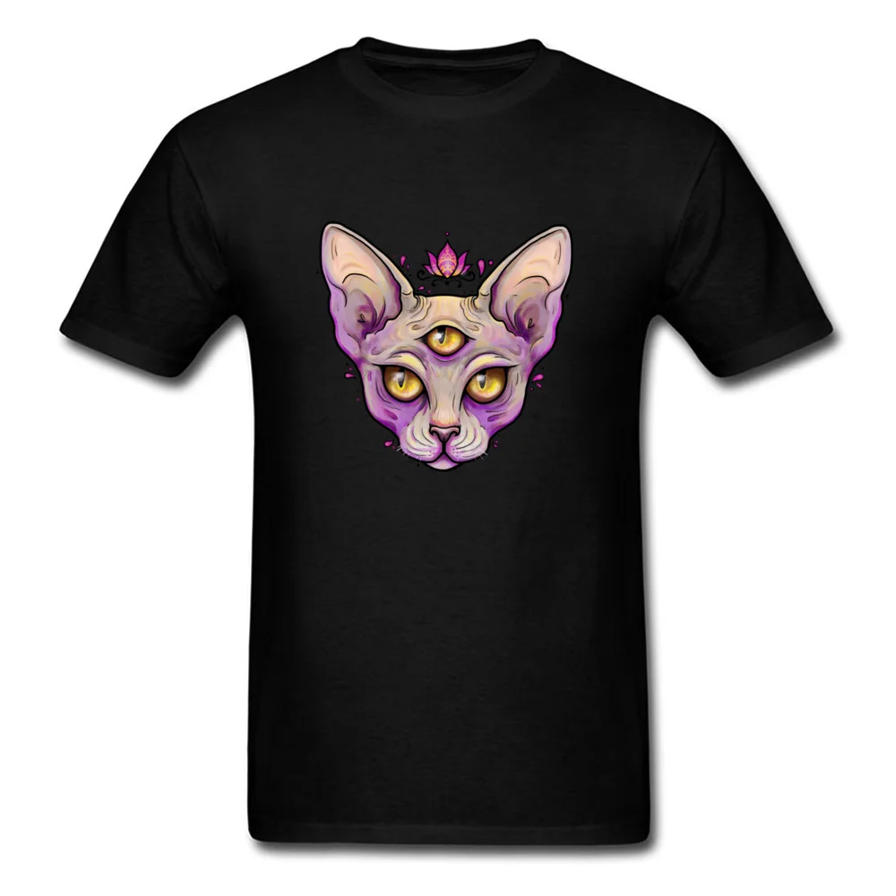 Third Eye Sphynx Unique Canadian Hairless Cat Print Men Black T-shirt Lotus Cartoon Animal Short Sleeve Tops Tees