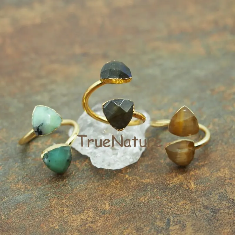 

Mix Stones Ring Triangle Faceted Shape Bohemian Style Tiger Eye Chrysoprase Labradorite Statement Rings In 10 mm RM5569