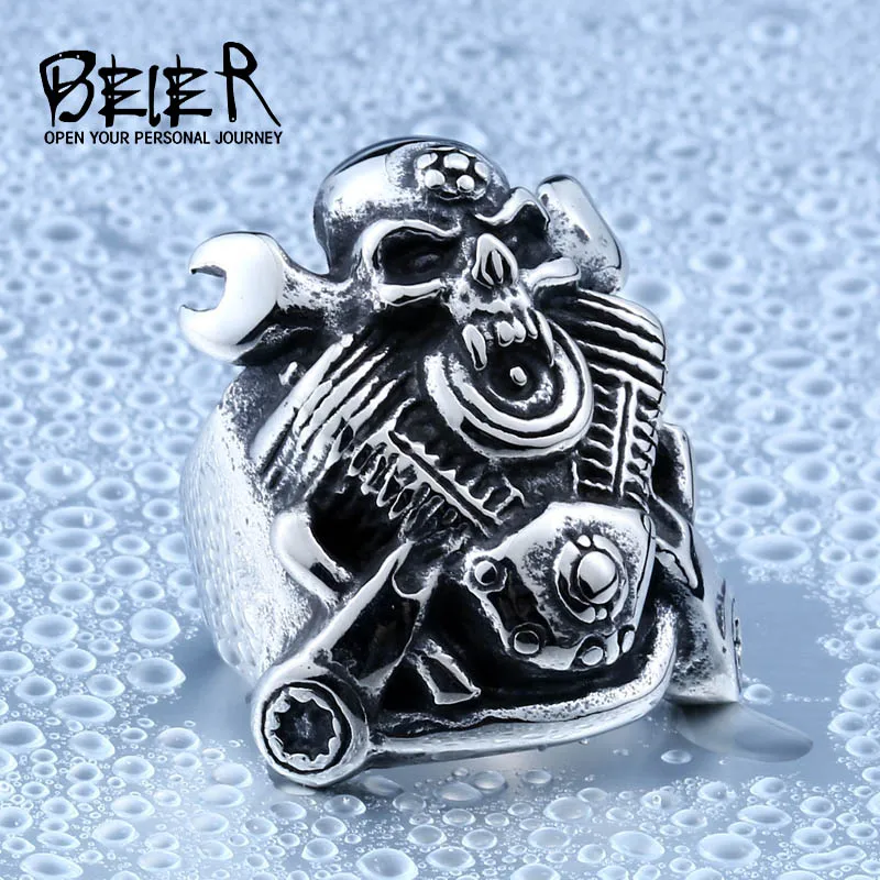 Beier new store 316L Stainless Steel men ring new hot sale  Motorcycle Skull biker Ring  fashion jewelry LLBR8-410R