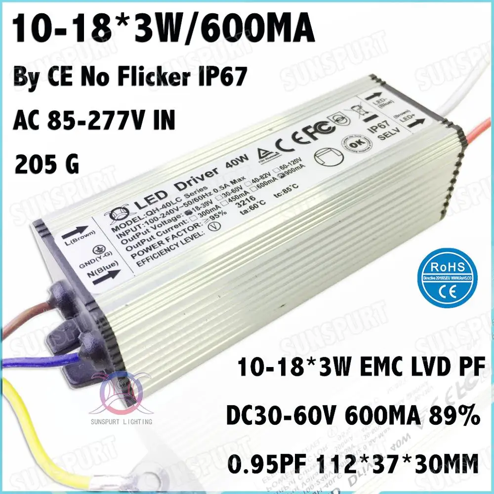 

3 Pcs TUV-CE No Flicker PF IP67 40W AC85-277V LED Driver 10-18x3W 600mA DC30-60V Constant Current For Ceiling Lamp Free Shipping