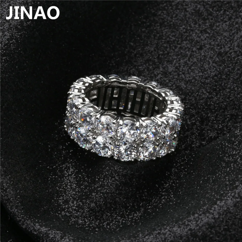 JINAO New Design Gold Silver Color Plated Ring Micro Paved 2 Row Chain Big  Zircon Shiny Hip Hop Finger Ring for Men Women