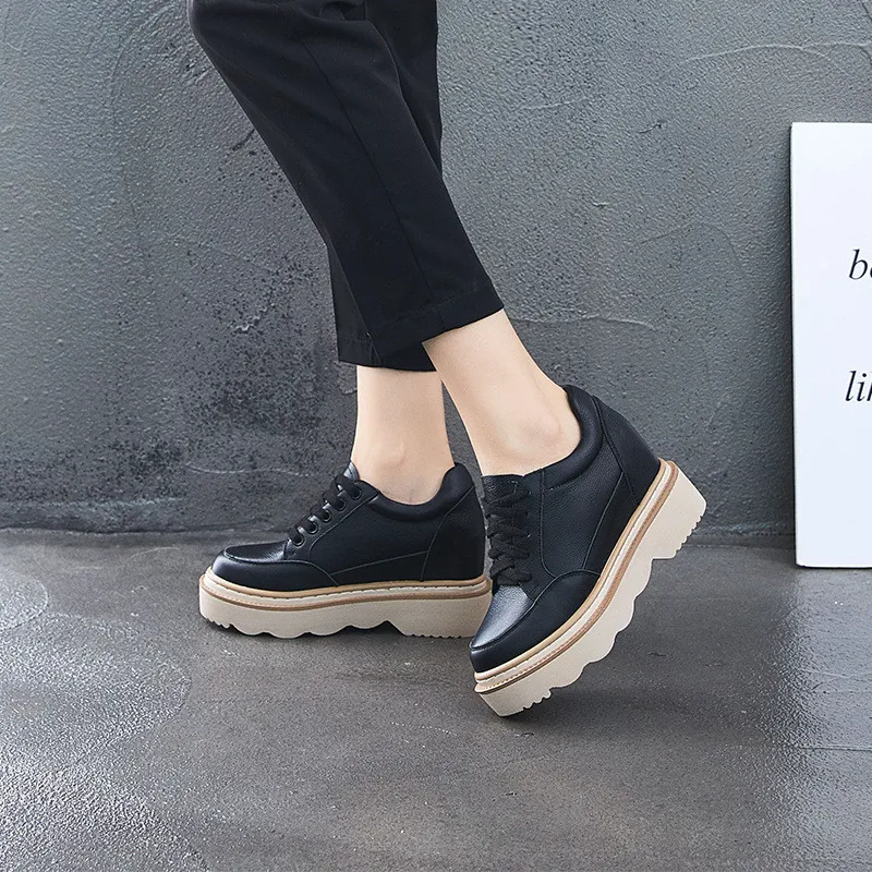 

Women's Flat Platform Shoes 2019 Spring Genuine Leather Hidden Heel Sneakers White/Black Sneakers For Women Casual Woman Shoes