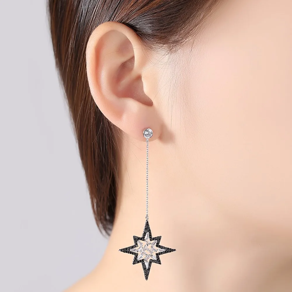 LUOTEEMI Delicate Asymmetric Personality Black Zircon Moon Star Long Chain Earrings for Women Gothic Girl Party Accessories