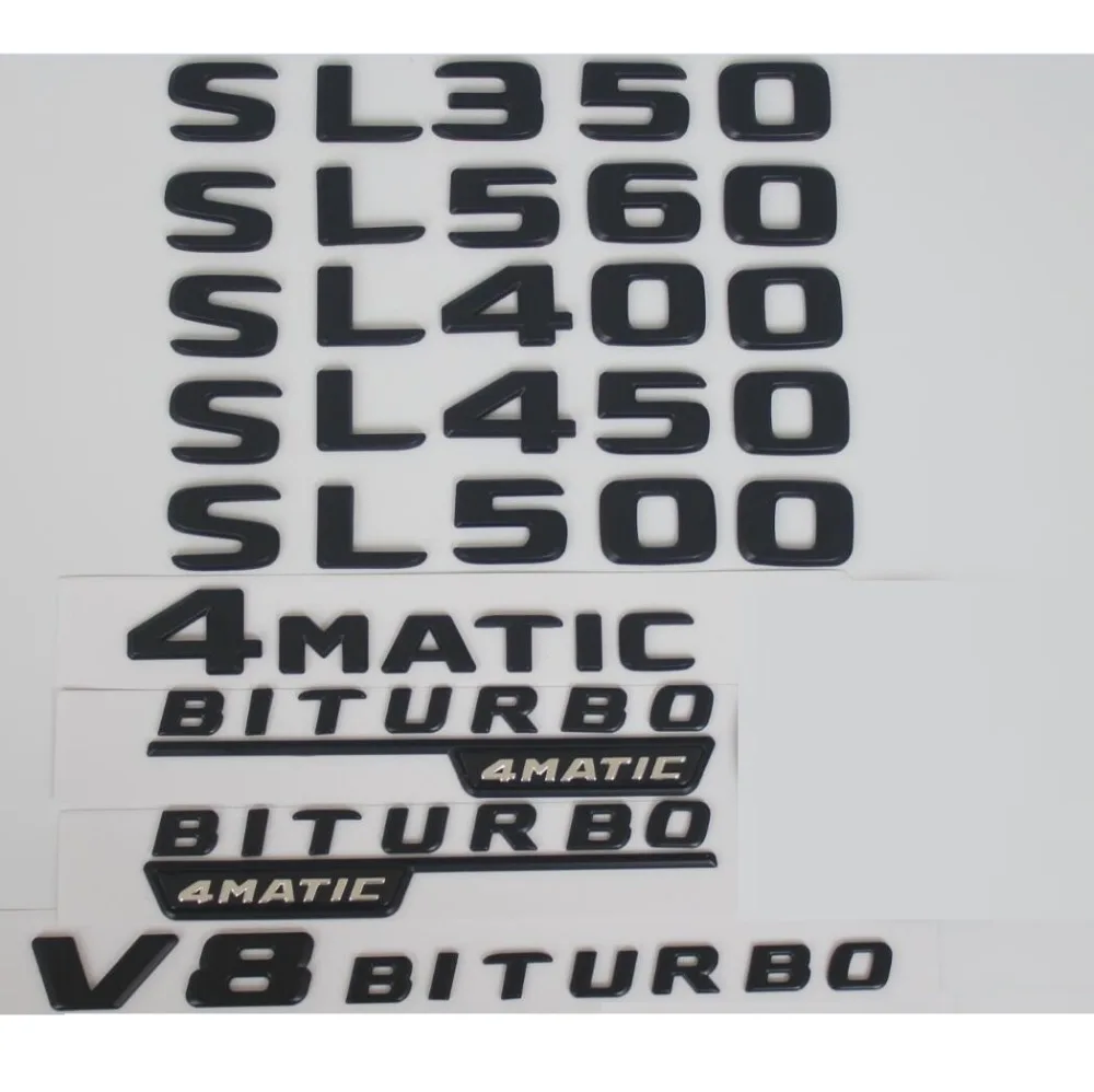 

Matte Black Trunk Letters Badges Emblems for Mercedes Benz SL300 SL350 SL400 SL500 SL550 V8 BITURBO 4MATIC